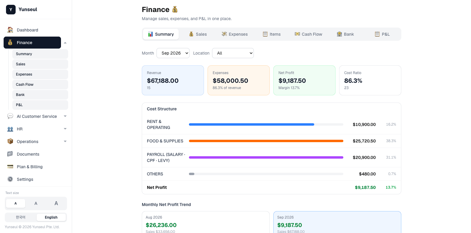 Yunseul finance — P&L and 30-day cash forecast